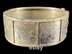 Asian Antique Japanese Silver Aesthetic Birds Scene Hinged Bangle Bracelet