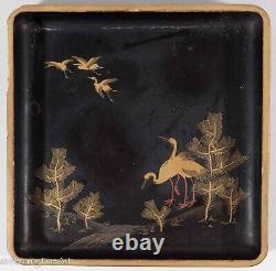 Beautiful Antique Japanese Lacquer Tray with Cranes, Signed & FINE