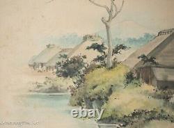 Beautiful Antique Japanese Watercolor Mt. Fuji Village Landscape, Unsigned, Fine