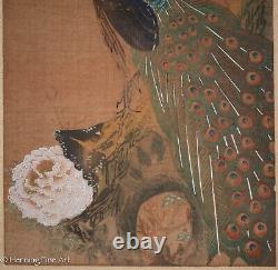 Beautiful Antique Japanese Woodblock Gouache Peacock and Flower Signed & FINE