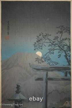 Beautiful Takahsi Hirokai Shotei Japanese Woodblock Moon Over Lake Hakone, FINE
