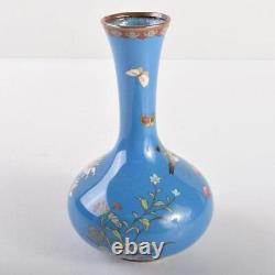 CLOISONNE BUTTERFLY FLOWER Vase 6.1 inch Japanese Antique MEIJI Era Old Fine Art