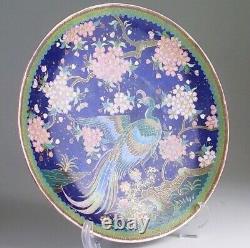 CLOISONNE PEACOCK CHERRY BLOSSOM Plate Japanese Antique MEIJI Era Old Fine Art