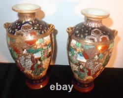 C. 1890 Pair Meiji Japanese Porcelain Satsuma Vases with Morriage & Fine Detail