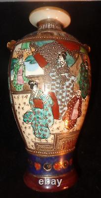 C. 1890 Pair Meiji Japanese Porcelain Satsuma Vases with Morriage & Fine Detail