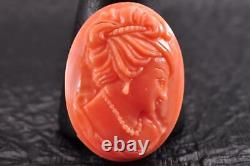 Certificate included, Japanese antique Hand Carved Red Coral cameo(no dye)