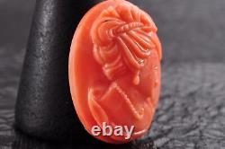 Certificate included, Japanese antique Hand Carved Red Coral cameo(no dye)