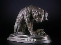 Dog Looking at Turtle Bronze Statue 14 inch Japanese Antique Old Metal Fine Art