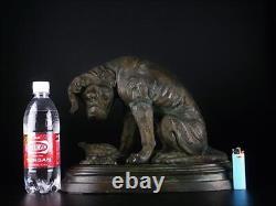 Dog Looking at Turtle Bronze Statue 14 inch Japanese Antique Old Metal Fine Art