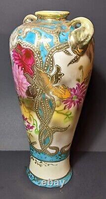 Elegant ANTIQUE NIPPON Style Japanese Hand Decorated Gold Gilt Handled Vase