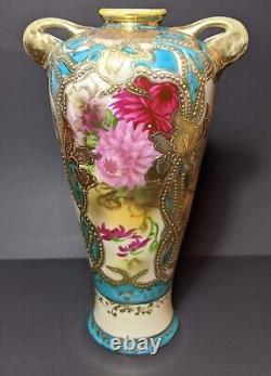 Elegant ANTIQUE NIPPON Style Japanese Hand Decorated Gold Gilt Handled Vase