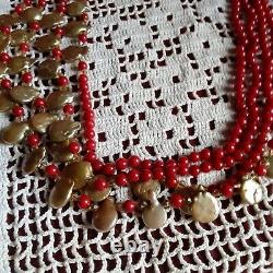 Exquistite Antique Sterling Japanese Coin Pearls & Red Beads With Jade Necklace