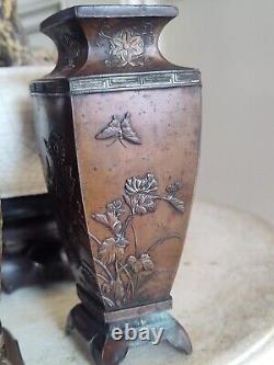 Ext. Fine Pair Japanese Meiji Bronze Vases Monkey Hawks Birds Flowers 5