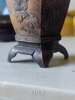 Ext. Fine Pair Japanese Meiji Bronze Vases Monkey Hawks Birds Flowers 5