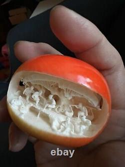Extremely Fine Japanese Persimmon with Carve d Scene Inside Signed in Display Case