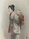 Fine Antique Japanese Watercolor Painting On Paper Mother & Child -geisha Robe