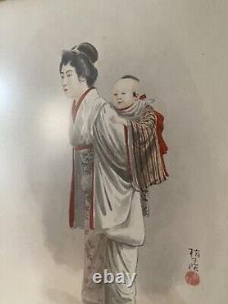 FINE ANTIQUE JAPANESE WATERCOLOR PAINTING ON PAPER Mother & Child -Geisha Robe