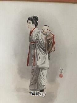 FINE ANTIQUE JAPANESE WATERCOLOR PAINTING ON PAPER Mother & Child -Geisha Robe