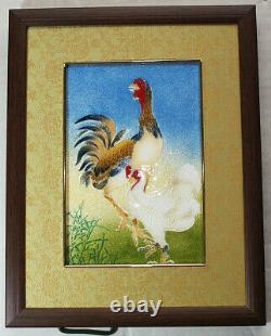 FINE JAPANESE CLOISONNE PLAQUE PICTURE OF ROOSTER & HEN, c. 1960-70
