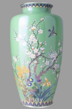FINE Japanese Antique Meiji Cloisonne Shippo Silver Wire Vase Flowers Bird 11.9