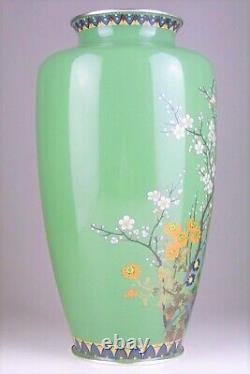 FINE Japanese Antique Meiji Cloisonne Shippo Silver Wire Vase Flowers Bird 11.9