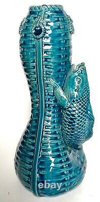 Fine 18th Century Edo Period Japanese Koi Fish 9 Hanaike Vase Turquoise Glaze