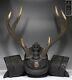 Fine Antique Japan Kabuto Helmet Shaped Wood Carving Sword Rack Deer Horn Signed