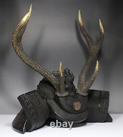 Fine Antique Japan Kabuto Helmet shaped wood carving Sword rack Deer horn Signed