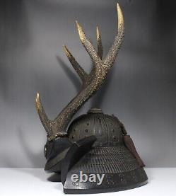 Fine Antique Japan Kabuto Helmet shaped wood carving Sword rack Deer horn Signed