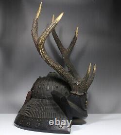 Fine Antique Japan Kabuto Helmet shaped wood carving Sword rack Deer horn Signed