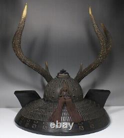 Fine Antique Japan Kabuto Helmet shaped wood carving Sword rack Deer horn Signed