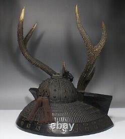 Fine Antique Japan Kabuto Helmet shaped wood carving Sword rack Deer horn Signed