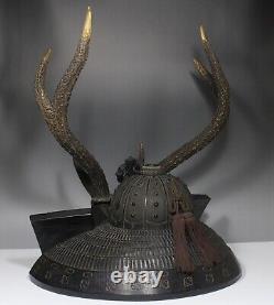 Fine Antique Japan Kabuto Helmet shaped wood carving Sword rack Deer horn Signed