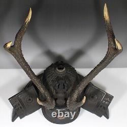 Fine Antique Japan Kabuto Helmet shaped wood carving Sword rack Deer horn Signed