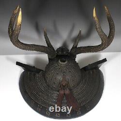 Fine Antique Japan Kabuto Helmet shaped wood carving Sword rack Deer horn Signed