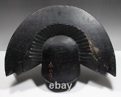 Fine Antique Japan Kabuto Helmet shaped wood carving Sword rack Deer horn Signed