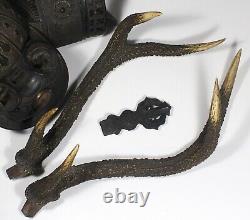 Fine Antique Japan Kabuto Helmet shaped wood carving Sword rack Deer horn Signed