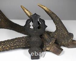 Fine Antique Japan Kabuto Helmet shaped wood carving Sword rack Deer horn Signed