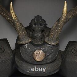 Fine Antique Japan Kabuto Helmet shaped wood carving Sword rack Deer horn Signed