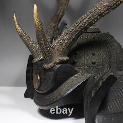 Fine Antique Japan Kabuto Helmet shaped wood carving Sword rack Deer horn Signed