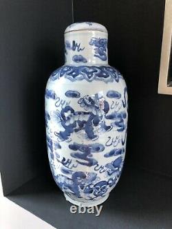 Fine Antique Japanese Blue White Porcelain Jar Vase Shi Shi Lions Art w Lid WOW