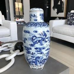Fine Antique Japanese Blue White Porcelain Jar Vase Shi Shi Lions Art w Lid WOW