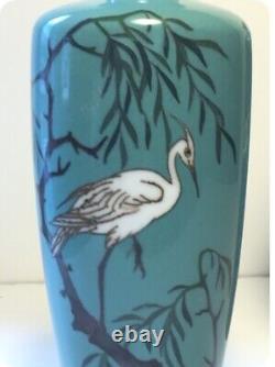 Fine Antique Japanese Cloisonné Enamel Pair Vases Egrets attr. To Ota Tameshiro