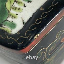 Fine Antique Japanese Makura Box 1890s -Kintsugi Ceramic Lotus Tile, Lacquered