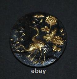 Fine Antique Japanese Meiji Shakudo Iron Gold Crane Figure Peony Design Button