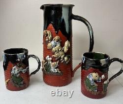 Fine Antique Japanese Sumida Gawa Pottery Pitcher And Mugs