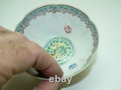 Fine Antique Japanese Very Thin Porcelain Marked Bowl Dragons & Flowers, D 10 cm