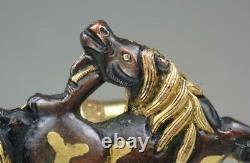 Fine Antique Japanese Victorian 14K Gold Shakudo Rolling Horses Animal Cufflinks