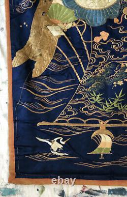 Fine Antique Meiji Japanese Silk Embroidery Panel Fukusa Hanging 36x27 Covering
