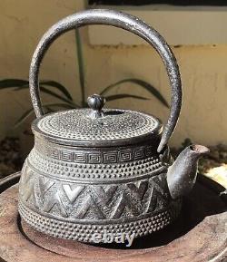 Fine Antique Small Japanese Detailed Cast Iron Tetsubin / Teapot / Signed